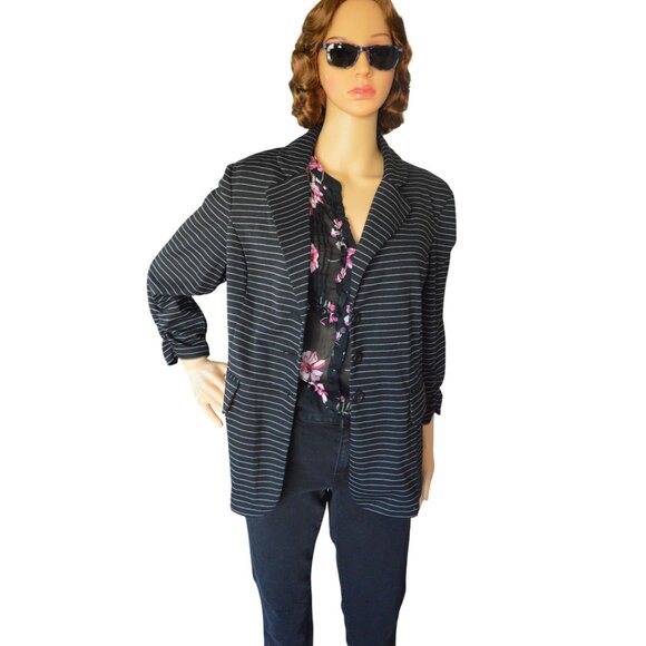 SOHO Black White Pinstriped Blazer Womens L 3/4 Ruched Sleeves NWT Office Siren - Picture 2 of 8